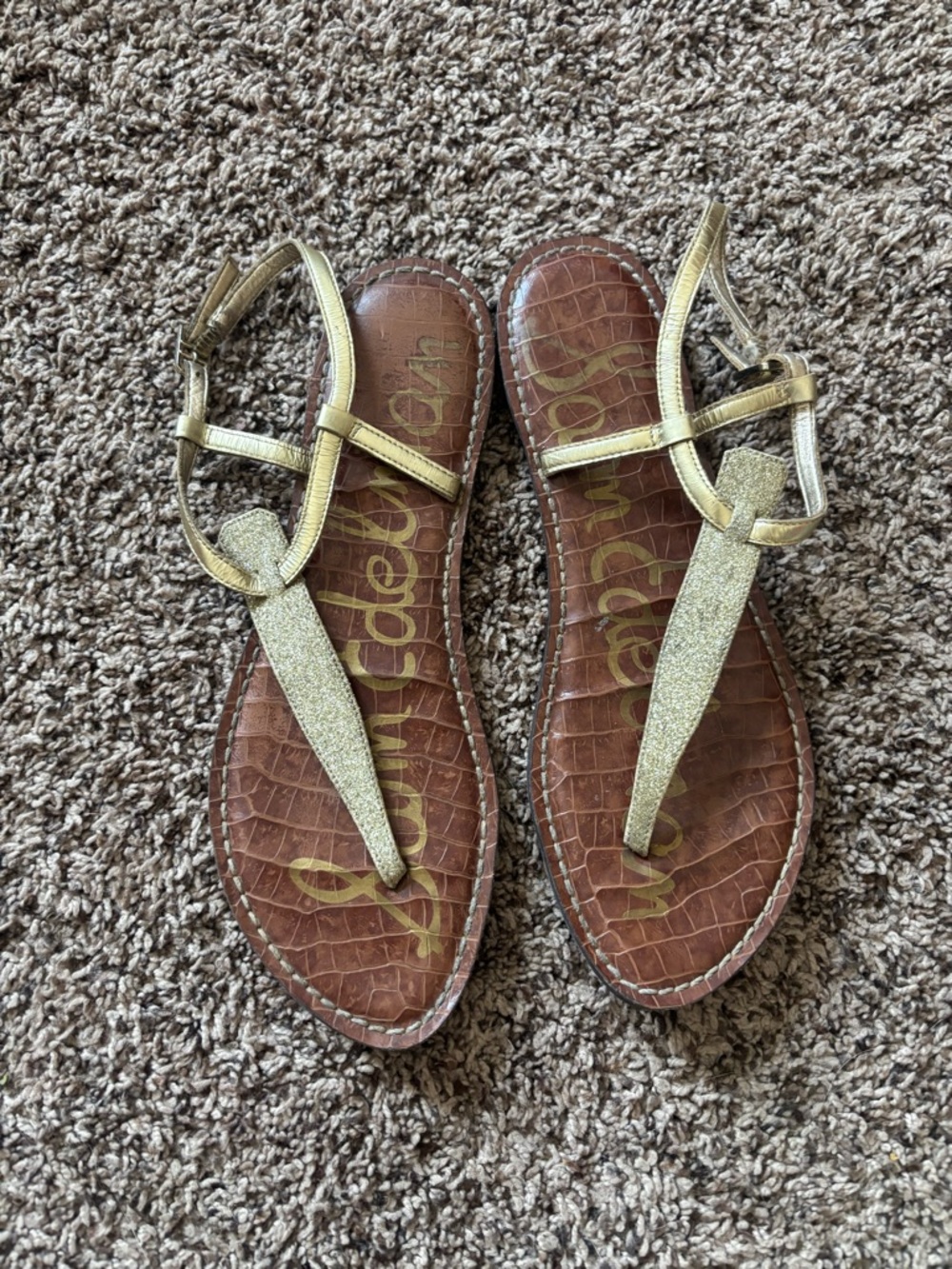 Sam Edelman Metallic Gold Glitter T-Strap Sandals